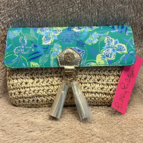 LILLY PULITZER Botanical Garden Straw Crossbody Flutter Clutch - Picture 1 of 17
